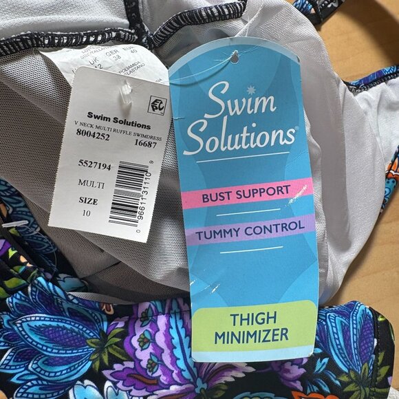 Swim Solutions Floral V-Neck Tummy Control Ruffle Swimdress Women's Size 10 NWT! - Picture 4 of 8